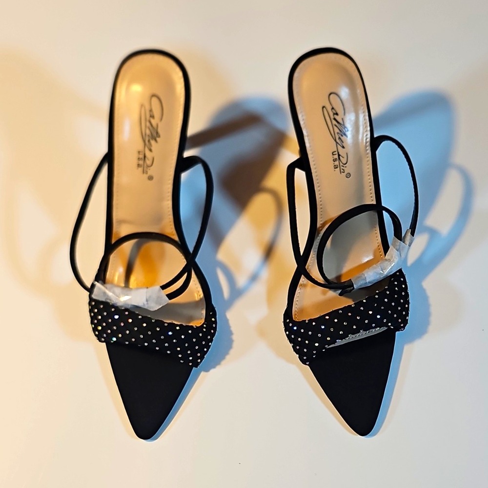 Cathy Jean Black Synthetic Strappy Rhinestone Pointed Toe Slip On Heel 8.5